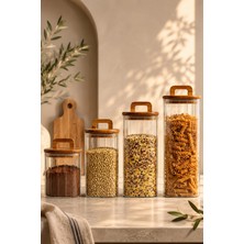 MİEN 4'lü Borosilikat Cam Kavanoz Seti Bambu Kapaklı Hava Geçirmez Saklama Kabı 700ML 1100ML 1500ML 1850 ml