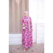 İmaj Butik Fuşya Yarım Düğmeli Kol Lastikli Eteği Katlı Elbise