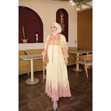 İmaj Butik Sarı Yarım Düğmeli Kol Lastikli Eteği Katlı Elbise