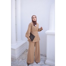 İmaj Butik Bisküvi Bel Bağlamalı Kimona Pantolonlu Keten Takım