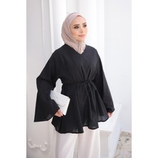 İmaj Butik Siyah V Yaka Geniş Kol Keten Tunik