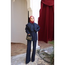 İmaj Butik Lacivert Yaka Nakışlı Tunik Pantolonlu Modal Takım