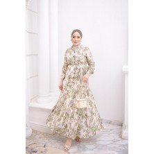 İmaj Butik Yeşil Yarım Düğmeli Kol Lastikli Eteği Katlı Elbise