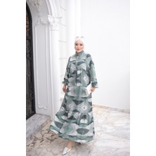 İmaj Butik Haki Yarım Düğmeli Kol Lastikli Eteği Katlı Viskon Elbise