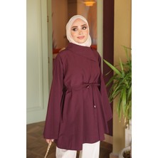 İmaj Butik Mürdüm Bel Bağlamalı Yan Patlı Gömlek