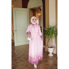 İmaj Butik Pembe Bel Lastikli Desenli Elbise