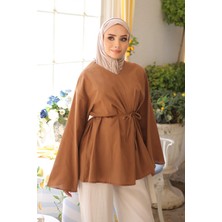 İmaj Butik Taba V Yaka Geniş Kol Keten Tunik