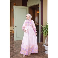 İmaj Butik Pudra Yarım Düğmeli Kol Lastikli Eteği Katlı Elbise