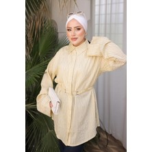 İmaj Butik Sarı Bel Bağlamalı Çizgili Salaş Gömlek