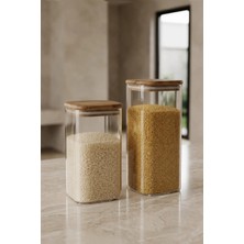 MİEN 2'li Borosilikat Cam Kavanoz Seti Bambu Kapaklı Hava Geçirmez Saklama Kabı 1350 ml 1700 ml