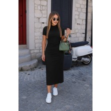 Lune Store Kadın Yarı Balıkçı Yaka Yırtmaçlı Dalgıç Midi Elbise