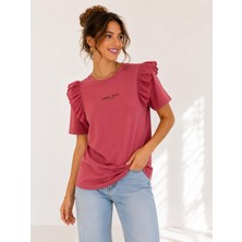 Yonca Outlet Kadın Fisto Omuz Detaylı Basic Oversize Tişört Bisiklet Yaka Kısa Kollu Pamuklu Günlük T-Shirt