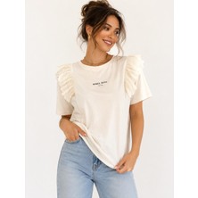 Yonca Outlet Kadın Fisto Omuz Detaylı Basic Oversize Tişört Bisiklet Yaka Kısa Kollu Pamuklu Günlük T-Shirt