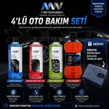 Nanowash 4’lü Oto Bakım Seti - Hızlı Cila - Oto Şampuan - Jant Temizleyici - Lastik Parlatıcı + Ebrayn Mikrofiber Baklava Temizlik Bezi Hediyeli