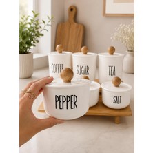 Ahşap Stantlı 6'lı Akrilik (Plastik) Kavanoz Seti 900-400 ml  Vakumlu Plastik Kapaklı Ahşap Kulplu Çay/şeker/kahve-Baharat Seti