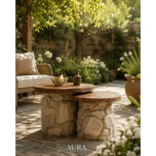 Aura Design Studio Aura 2’li Taş Görünümlü Ahşap Tablalı Yuvarlak Bahçe Masa Seti