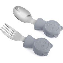 Belirtilmemiş 304 Çelik Gri Bebek Ayıcık Model Çocuk Kaşık ve Çatal Set CIN766GR
