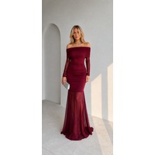 GILLA'S QUEEN Kadın Bordo Madonna Yaka Tül Detaylı Elbise