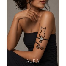 Aura Design Studio Aura Siyah Renk Kedi Figürlü Çiçek Detaylı Spiral Üst Kol Bileziği