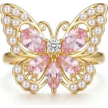 Fashion Pembe Taşlı Kelebek Yüzük – Inci Detaylı Ayarlanabilir Gold Renk Kadın Yüzük