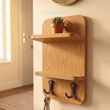 Pera Wooden Ledge 2 Raflı 2 Kancalı Duvar Askılığı Anahtarlık Organizer