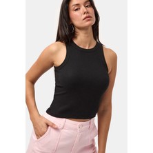 It's Basic Kadın Siyah S6-1 Sıfır Kol Esnek Kumaş Crop Top