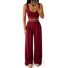 Kadın Bordo Şerit Detaylı Crop Atlet & Bol Paça Pantolon Ikili Takım