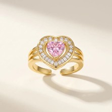 Fashion Pembe Kalp Ayarlanabilir Kadın Yüzük – Gold Renk Zirkon Taşlı Şık Yüzük