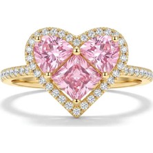 Fashion Pembe Kalp Taşlı Kadın Yüzük – Gold Renk Zirkon Taşlı Şık Yüzük