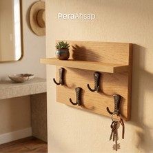 Pera Wooden Row Tek Raflı 4 Kancalı Duvar Askılığı Anahtarlık Organizer 37X25 cm