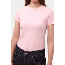 It's Basic Kadın Light Pembe S6-98 Bisiklet Yaka %100 Organik Pamuk Esnek Kumaş T-Shirt