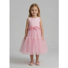 Ince Bebe Kız Çocuk Pembe Amerikan Saten Beli Çiçekli Elbise 1-5 Yaş