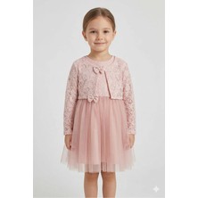 Ince Bebe Kız Çocuk Gül Kurusu Pamuklu Dantelli Bolerolu Ikili Takım 1-5 Yaş