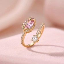 Fashion Pembe Markiz Taşlı Ayarlanabilir Kadın Yüzük – Gold Renk Zirkon Taşlı Zarif Yüzük