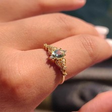 Fasek Gold Evlilik Teklifi Altın Yüzük - 0.50 Karat Fox Love Oval Su Yeşili Taşlı Prenses 14 Ayar Altın Yüzük
