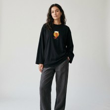 Nubarco Siyah Oversize Geniş Kesim Uzun Kollu %100 Pamuk Yazlık Baskılı Tshirt