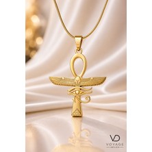 Voyage Accessory Paslanmaz Çelik Altın Renk Antik Mısır  Horus Gözü Ankh Yaşam Anahtarı Kadın Kolye