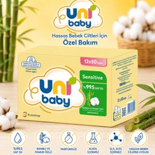 Uni Baby Sensitive Bambu ve Pamuk Özlü Islak Mendil 12X50 Adet 600 Adet Parfümsüz %99,5 Saf Su Hassas Bebek Mendili