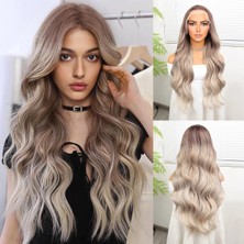 Blueb Rus Kumralı Beyaz Platin Ombre ve Röfleli Fiber Sentetik Geniş Dalgalı Tül Peruk
