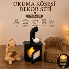 El Yapımı Okuma Köşesi Dekoru | LED Işıklı Soba ve Kitap Okuyan Kız Tasarım Biblo Seti