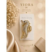 Yiora Gold Metal Taşlı Deniz Atı Mandal Toka 7cm