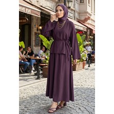 Modestim Kadın Bordo Geniş Kollu Bağlamalı Bluz Tunik Etekli Tesettür Takım