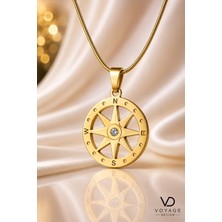 Voyage Accessory Paslanmaz Çelik Kristal Zirkon Taşlı Altın Renk Kadın Pusula Kolye
