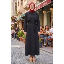 Modestim Kadın Gömlek Yaka Düğmeli Önü Aller Detaylı Kol Manşetli Yazlık Siyah Tesettür Uzun Elbise