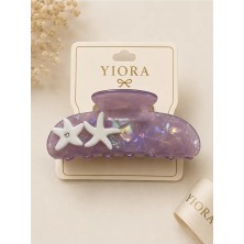Yiora Kadın Premium Seri Ithal Kemik Asetat Deniz Yıldızı ve Taş Detaylı Hologram Renk Kaymaz Mandal Toka 10CM