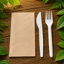 Ekolojik Ambalaj Kraft Garson Katlama Peçete ve Çatal-Kaşık-Bıçak Set 60 Parça | 20'şer Adet Çatal, Bıçak, Peçete