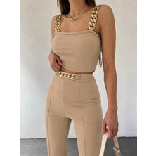 Efnaz Style Kadın Zincir Askılı Krop Ithal Krep Bluz ve Pantolon Ikili Takım