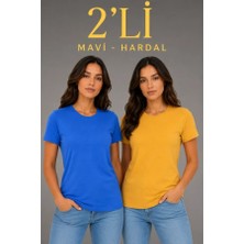 Efnaz Style Basic Bisiklet Yaka Yazlık Slim Fit T-Shirt - Mavi - Hardal Sarısı