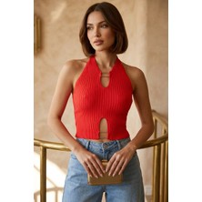 Roos Butik Metal Detaylı Halter Yaka Triko Crop Bluz