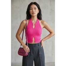 Roos Butik Metal Detaylı Halter Yaka Triko Crop Bluz